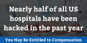 Image that reads: Nearly half of all US hospitals have been hacked in the past year.